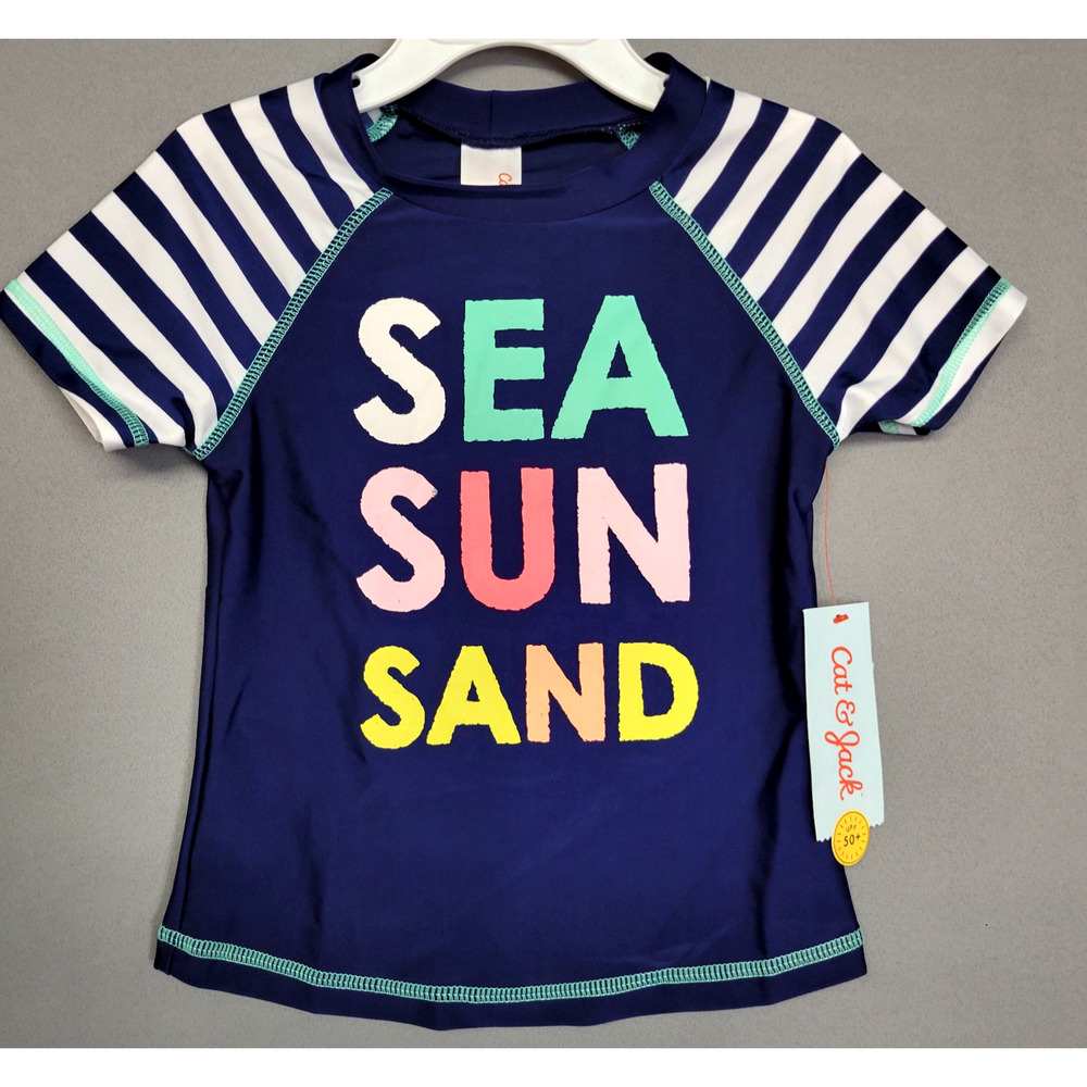 Cat &‎ Jack Swim Shirt Top Youth Girls XS (4/5) Blue White UPF 50+ Vacation New